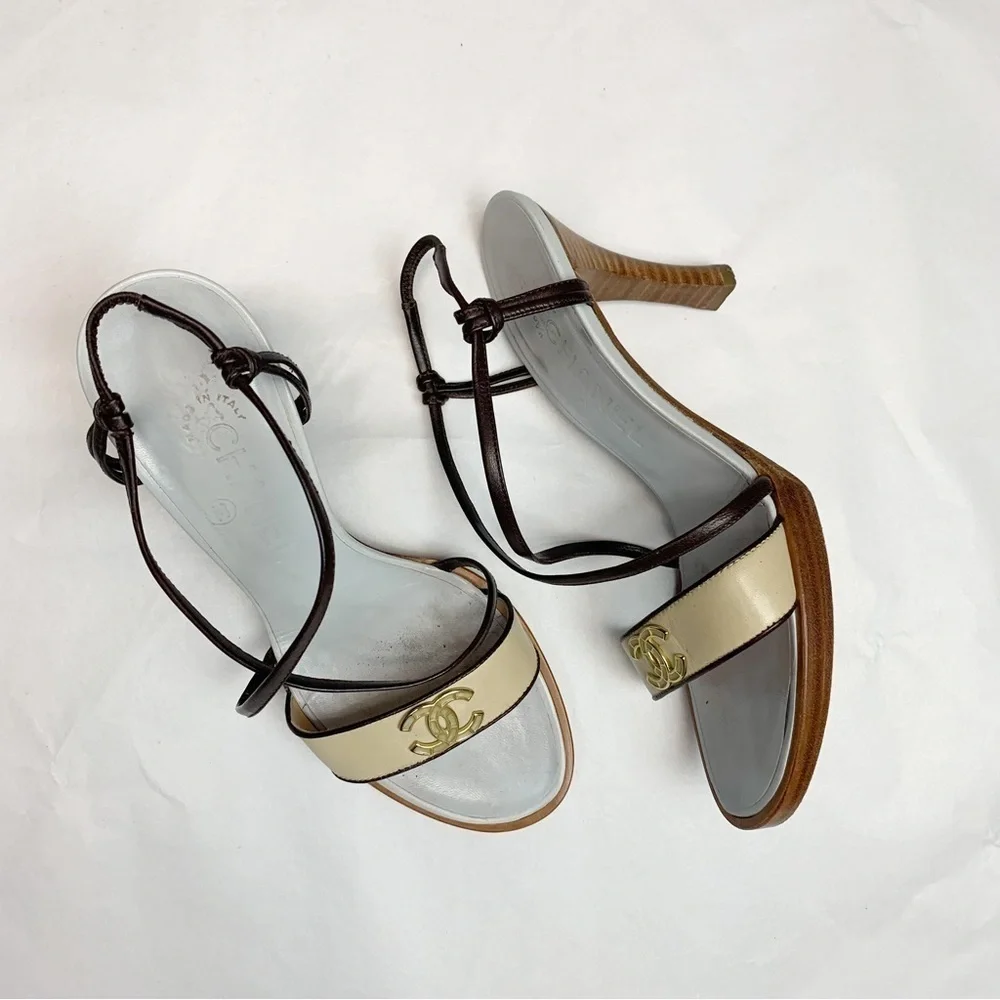 Chanel Blue / Brown Wooden Sole Strappy Heels Pumps 37 1/2 - Picture 2 of 13